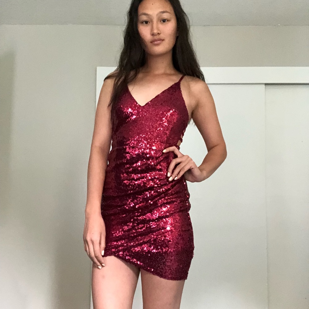 Burgundy Sequin Cocktail Wrap Dress
